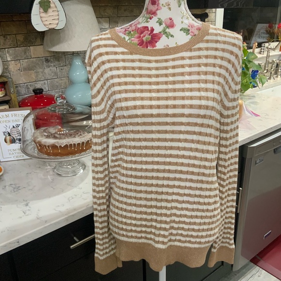 Talbots Cable Knit Sweater Gold Metallic White Stripe Wool Blend Size Large - Picture 1 of 14